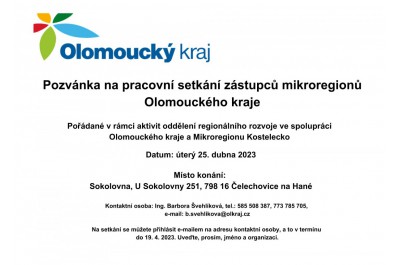 Olomoucký kraj ve spolupráci s Mikroregionem Kostelecko pořádá v úterý 25. dubna 2023 pracovní setkání zástupců mikroregionů Olomouckého kraje. V pořadí již 23. setkání se uskuteční v obci Čelechovice na Hané.  Akce se zúčastní vedení kraje. Na setká