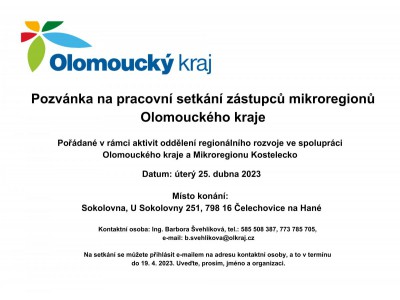 Pozvánka na 23. pracovní setkání zástupců mikroregionů Olomouckého kraje